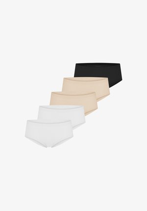 Vijf paar naadloze hipsteronderbroeken voor dames in zwart, beige en wit, gerangschikt in een verspringende overlappende rij.
