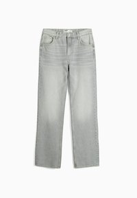 Jeans rectos de color gris claro, fabricados en denim con una textura desgastada, que cuentan con cinco bolsillos y un cierre estándar de botón y cremallera.