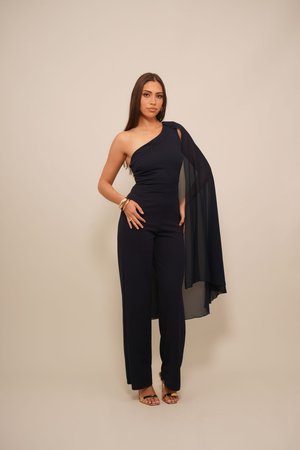 Navy one-shoulder jumpsuit with a sheer overlay. Fitted bodice flows into wide-leg pants. Smooth texture and minimal hardware accents.