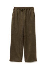 Olivegrüne weite Hosen aus weichem Stoff, mit einem elastischen Bund und Kordelzug sowie seitlichen Taschen.