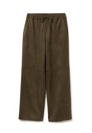 Pantalon large vert olive en tissu doux, doté d'une taille élastique avec cordon de serrage et de poches latérales.