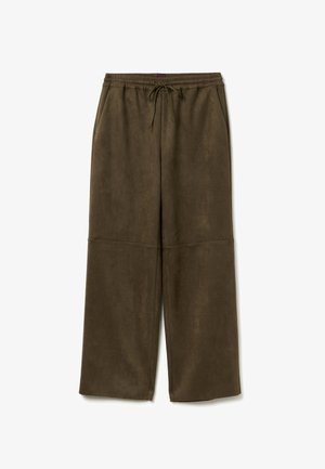 Olivegrüne weite Hosen aus weichem Stoff, mit einem elastischen Bund und Kordelzug sowie seitlichen Taschen.