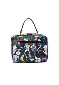 Borsa rettangolare con manico superiore, decorata con illustrazioni colorate tra cui una figura di arlecchino, una sirena, una bussola, animali e mani con occhi.