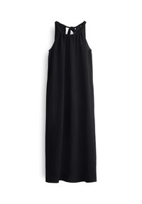 Abito maxi nero con scollo a vogatore, dettagli legati sul retro e una silhouette fluida. Realizzato in tessuto leggero, presenta una texture liscia.