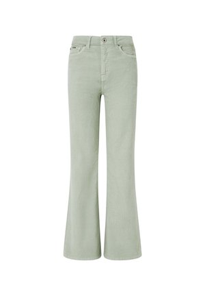 Groene flared corduroy jeans met een middellange taille, voorzien van voorzakken, een knoopsluiting en een zachte textuur.