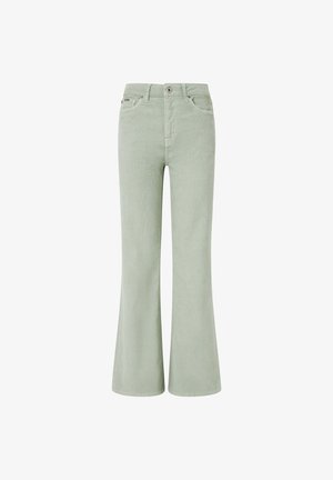 Gröna kordflamsbyxor med utsvängd ben, midja med medelhög höjd, som har framfickor, knappstängning och en mjuk yta.