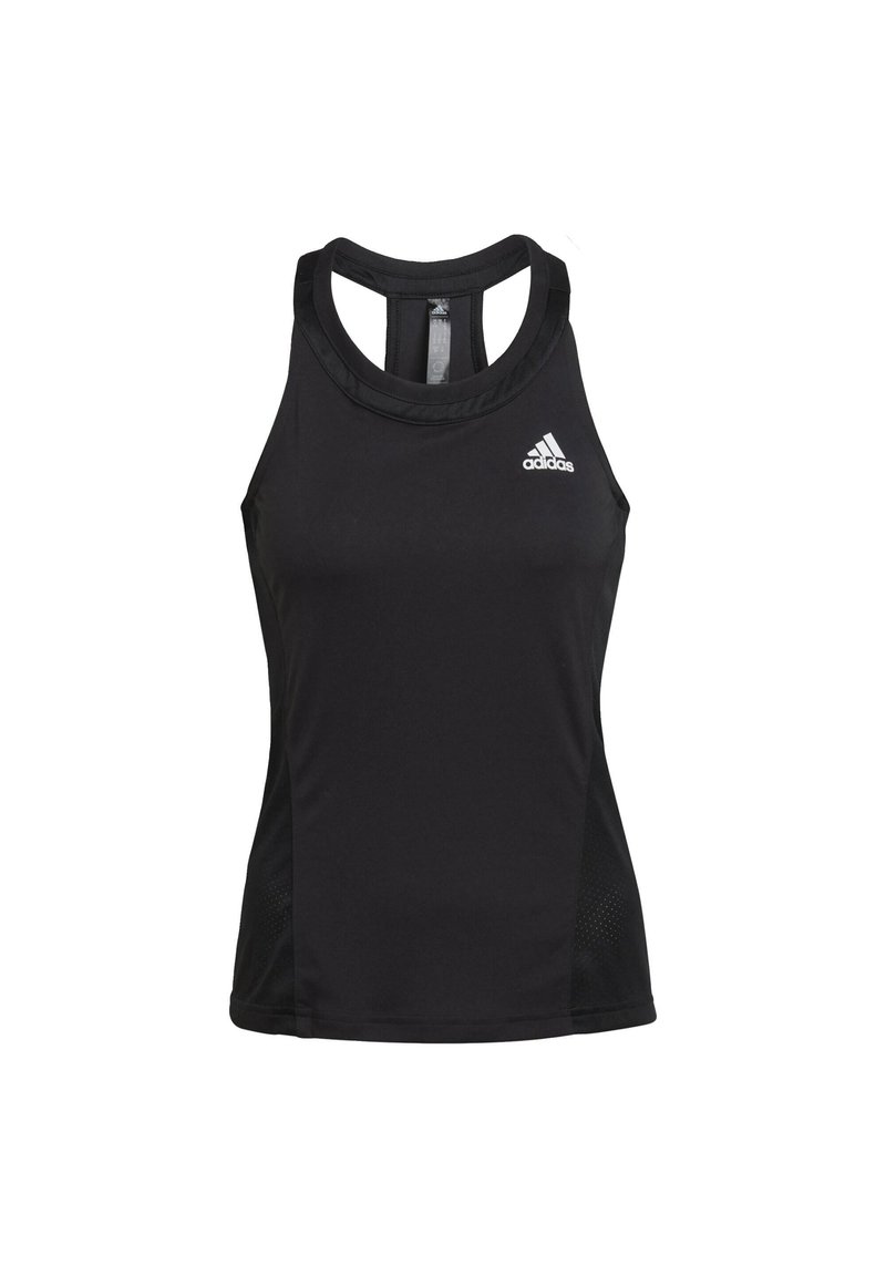 Černý sportovní tank top s designem na zádech. Vyrobeno z materiálu odvádějícího vlhkost, s bočními panely z síťoviny a malým bílým logem na hrudi.