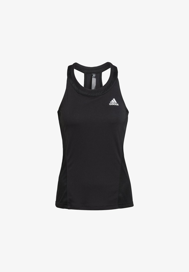 Černý sportovní tank top s designem na zádech. Vyrobeno z materiálu odvádějícího vlhkost, s bočními panely z síťoviny a malým bílým logem na hrudi.