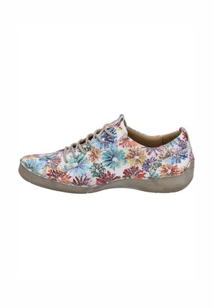 Sneaker mit Blumenmuster in vielen Farben, Obermaterial aus Textil, beigefarbene Schnürsenkel und Gummisohle. Runde Zehenpartie und niedriges Profil.