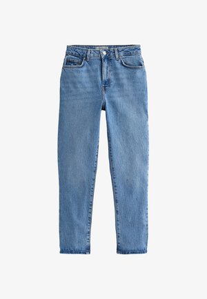 Light blue denim jeans with a high waist, straight leg design, five-pocket style, and a single button closure at the front.