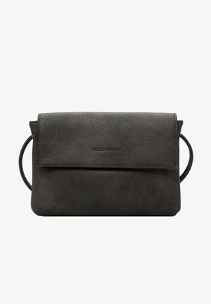 Black leather handbag with a textured finish, featuring a flap closure and two side handles. Minimalist design without additional hardware or accents.