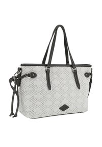 Borsa tote a motivi grigi con dettagli in pelle nera, manici doppi e tracolla regolabile. Presenta una lavorazione geometrica in rilievo e una chiusura con zip.