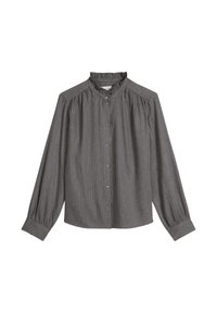 Grijs gestreepte overhemden met een ruches kraag, lange poffende mouwen en regular fit. Heeft verticale witte streepjes en metalen knopen.