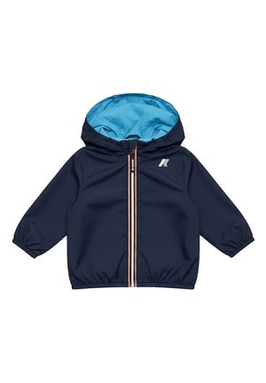 Giacca con cappuccio per bambini di colore blu navy con fodera azzurro chiaro, cerniera frontale con bordino arancione e bianco, e un piccolo logo bianco sul petto.