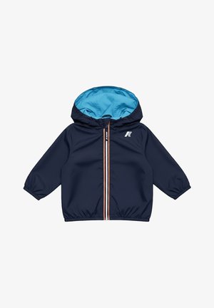 Giacca con cappuccio per bambini di colore blu navy con fodera azzurro chiaro, cerniera frontale con bordino arancione e bianco, e un piccolo logo bianco sul petto.