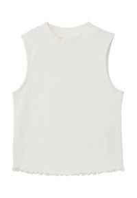 Witte geribbelde mouwloze top met een hoge hals en een gerende zoom. Gladde textuur, aansluitend ontwerp en minimalistische stijl.