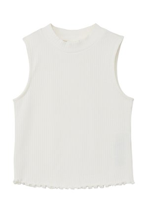 Witte geribbelde mouwloze top met een hoge hals en een gerende zoom. Gladde textuur, aansluitend ontwerp en minimalistische stijl.