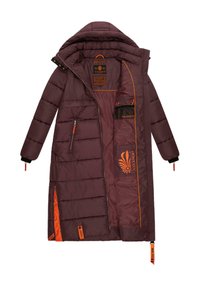 Langer, burgunderfarbener Puffercoat mit orangefarbenen Akzenten. Verfügt über eine Kapuze, Reißverschlusstaschen und eine knöpfbare Vorderseite. Gepolstertes Design mit gestepptem Textur.