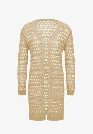 Strickjacke in hellbeige, mit offenem Vorderteil, langen Ärmeln und einem strukturierten Muster mit Diamantschlitzen.