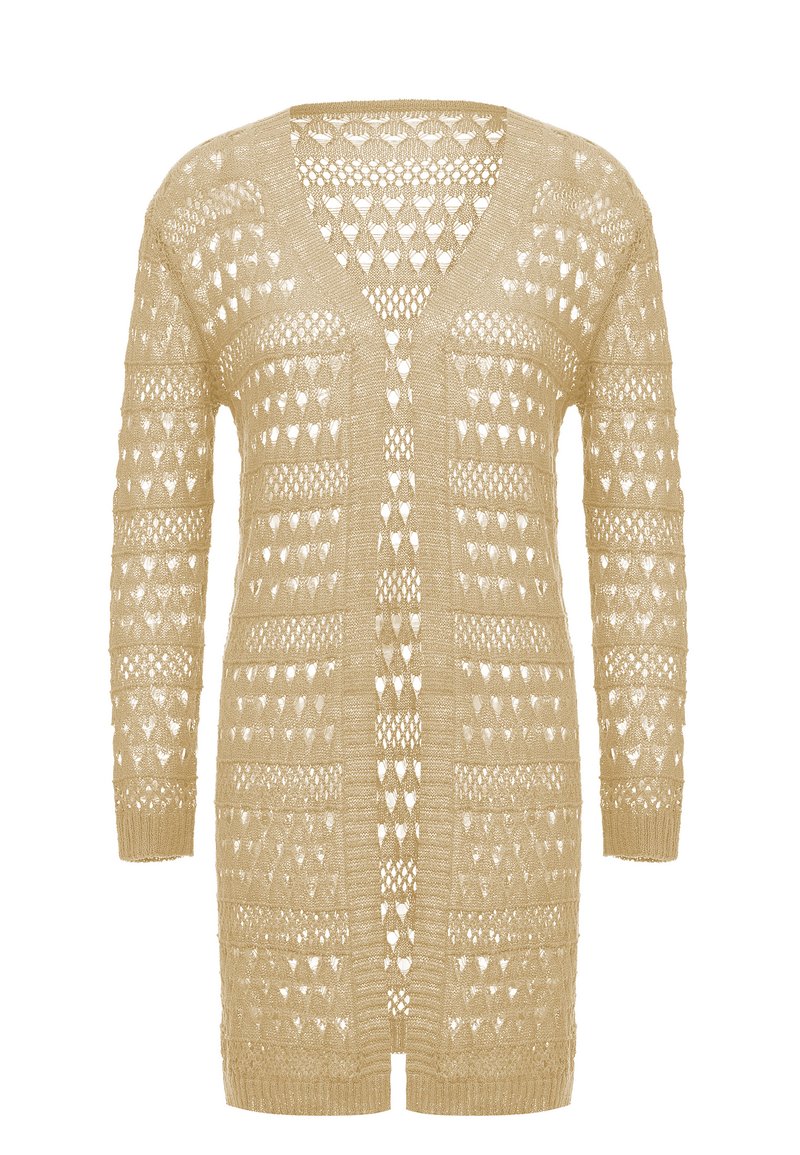 Cardigan lavorato a maglia in beige chiaro, caratterizzato da un design aperto sul davanti, maniche lunghe e un motivo testurizzato con ritagli a forma di diamante in tutto il capo.