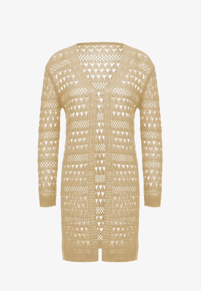 Cárdigan de punto en beige claro, con diseño de apertura en la parte delantera, mangas largas y un patrón texturizado con recortes en forma de diamante.