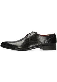 Scarpa da uomo in pelle nera, con finitura liscia, punta arrotondata e design con lacci. Presenta un tacco basso e robusto e una sottile texture sulla parte superiore.