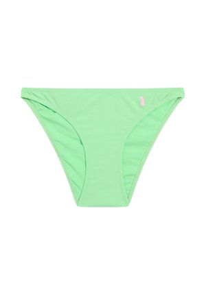 Mintgroene bikinibroek met een gladde textuur, voorzien van minimale bedekking en een klein decoratief logo in het roze aan de zijkant.