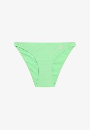 Mintgroene bikinibroek met een gladde textuur, voorzien van minimale bedekking en een klein decoratief logo in het roze aan de zijkant.