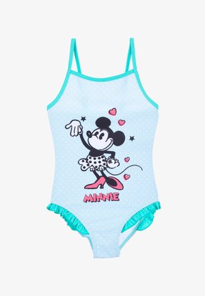 Maillot de bain une pièce à pois bleu clair présentant un graphique de Minnie Mouse en noir et blanc, avec des accents roses et des volants turquoise.