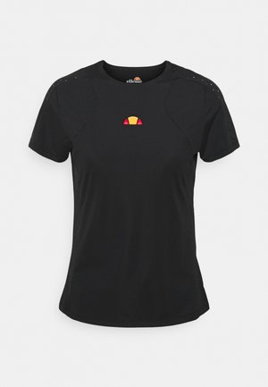 Zwart T-shirt met korte mouwen, gemaakt van gladde stof. Heeft een kleurrijk logo in het midden en kleine perforaties op de schouders.
