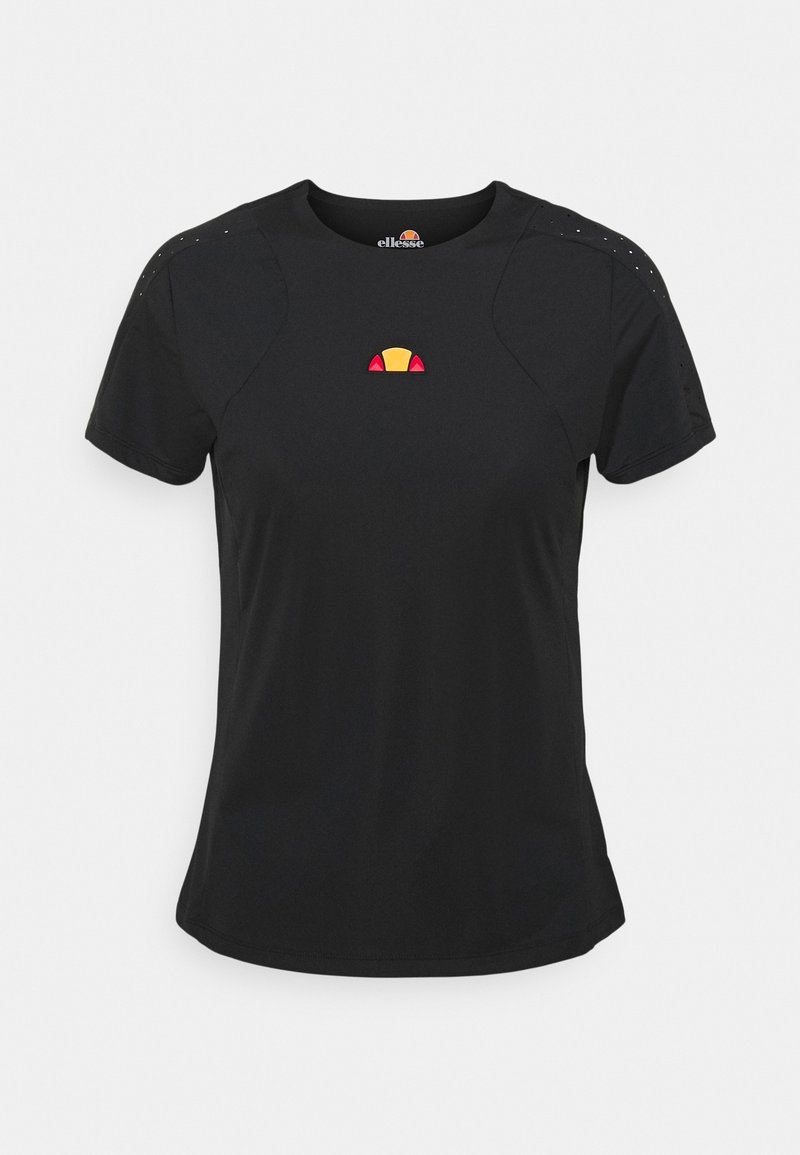 T-shirt noir à manches courtes en tissu lisse. Présente un logo coloré au centre et de petites perforations sur les épaules.
