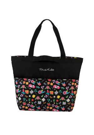 Schwarze Canvas-Tasche mit floralen Mustern, verziert mit mehrfarbigen Blumen und Totenköpfen. Der obere Bereich hat einen einfarbigen schwarzen Abschnitt mit Logo-Stickerei.