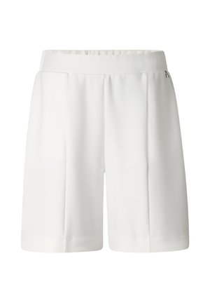 Białe, dopasowane szorty do kolan z dopasowanym paskiem w talii i małym metalowym suwakiem z boku.