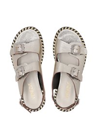 Metalen zilveren sandalen met twee verstelbare bandjes, zilveren gespen en een zwart-wit gestreepte zool. Zachte textuur en ronde vorm.