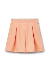 Perzikkleurige, geplooide rok van zachte katoenstof. Heeft een comfortabele, elastische tailleband en een gladde oppervlakte structuur.