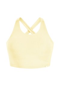 Haut court jaune pâle avec larges bretelles croisées dans le dos, en tissu lisse et extensible.