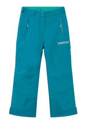 Türkisfarbene Skihosen aus wasserdichtem Material mit lockerer Passform, verstellbarem Bund und Reißverschlusstaschen für Stauraum.