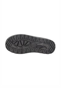 Suela de zapato de goma negra con un patrón de agarre texturizado, que presenta surcos profundos y ranuras definidas para tracción y durabilidad.