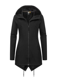 Black zip-up jacket with a hood, made of soft fabric. Features side pockets and a curved hem with drawstrings at the bottom.