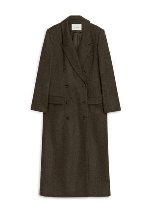 Doppelreihiger Wollmantel in dunklem Olivgrün mit einem Reverskragen, zwei vorderen Taschen und schwarzen Knöpfen. Glatte Textur, knielanges Design.
