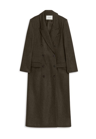 Tweed jasje met dubbele rij knopen in donkergroen, bestaande uit een gesneden kraag, twee voorzakken en zwarte knopen. Glad textuur, knielang ontwerp.