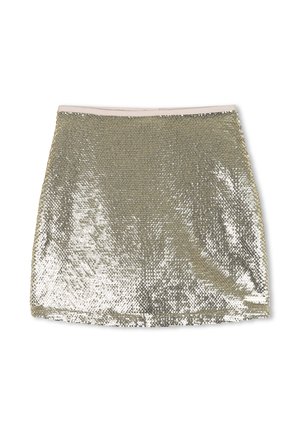 Gonna mini in paillettes dorate con una morbida vita color crema. Presenta una texture lucida e una silhouette aderente, riflettendo la luce in un pattern uniforme.
