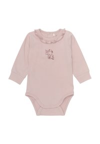 Långärmad rosa bodysuit med ett volangliknande halsringning och en tryckt kanin-design på framsidan, tillverkad av mjukt bomullsmaterial.