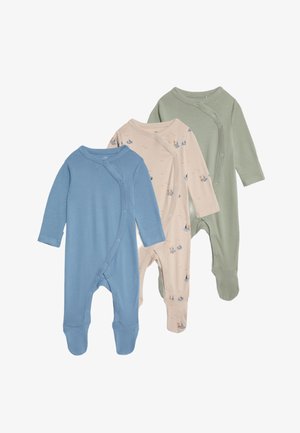 Drie langgemouwde baby rompertjes: blauw, lichtroze met zeilbootprints en groen. Zachte katoenstof, drukknoopsluitingen, voetjesontwerp.