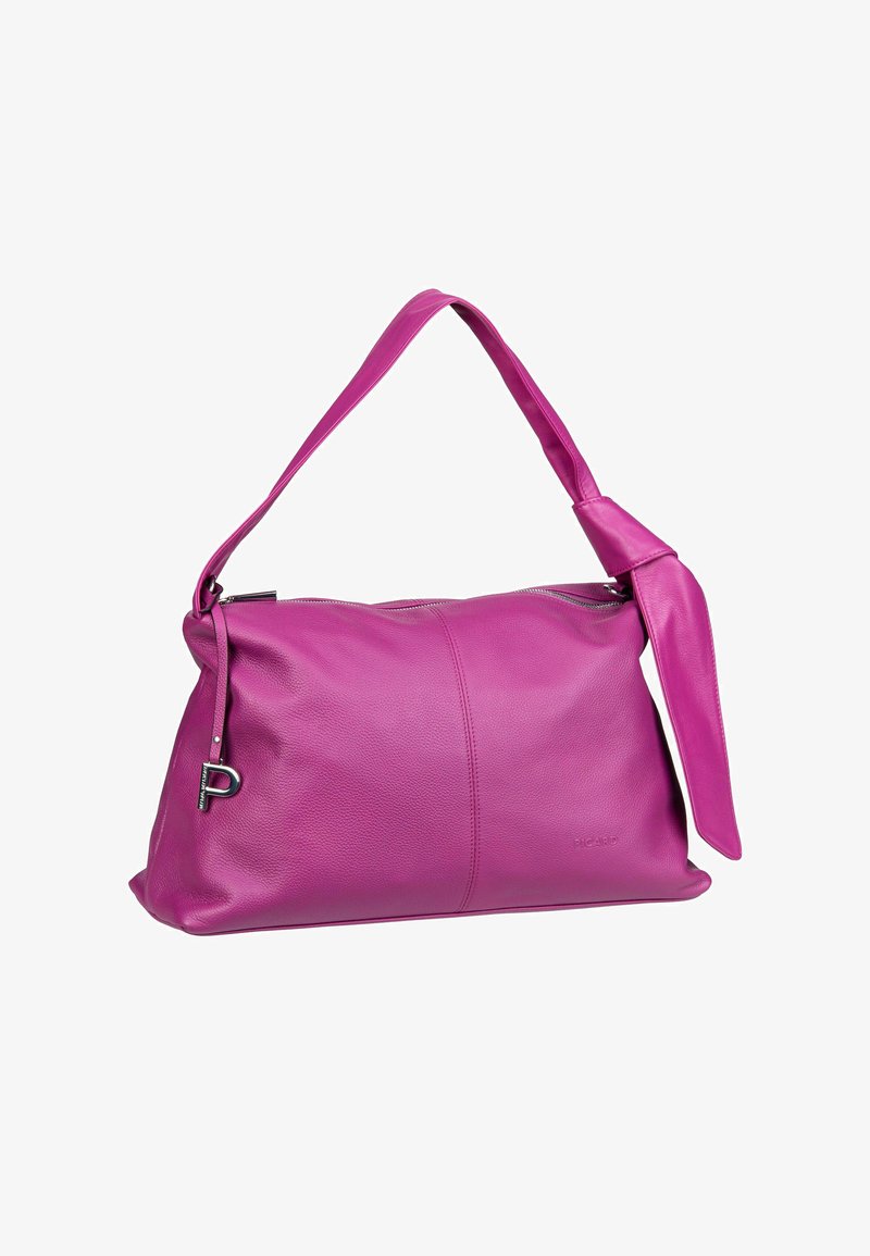 Bright pink leather shoulder bag with a single strap, zipper closure, and a small metal "P" charm hanging on the side.