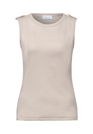 Beżowy bezrękawnik dzianinowy z okrągłym dekoltem i zapinanymi na guziki patkami na ramionach, wykonany przez Street One Studio.