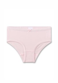 Roze katoen slip met een zachte textuur, voorzien van een elastische tailleband en een klein strikje aan de voorkant. Eenvoudig en naadloos ontwerp.