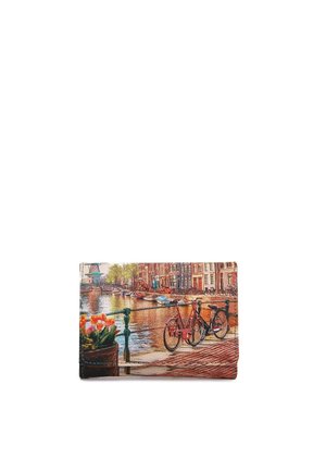 Portafoglio con design stampato di biciclette legate a una ringhiera accanto a un canale con tulipani e tipici edifici olandesi sullo sfondo.