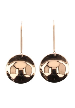 Pereche de cercei rotunzi cu model dangle, finisaj auriu lustruit, cu suprafață convexă netedă și închizături subțiri cu cârlig.