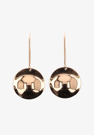 Pár polírozott aranyszínű, kerek lógós fülbevaló sima, domború felülettel és vékony kampós zárral.